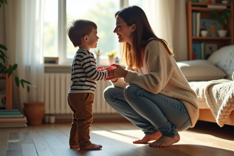 Maman et son enfant de 5 ans discutant dans le salon
