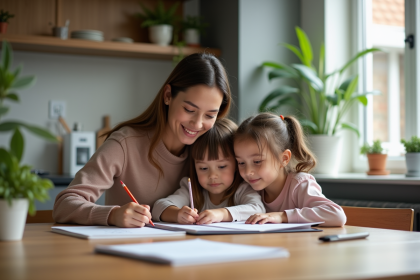Maman avec ses enfants dans une cuisine moderne