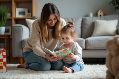 Maman lisant un livre à sa fille dans un salon chaleureux