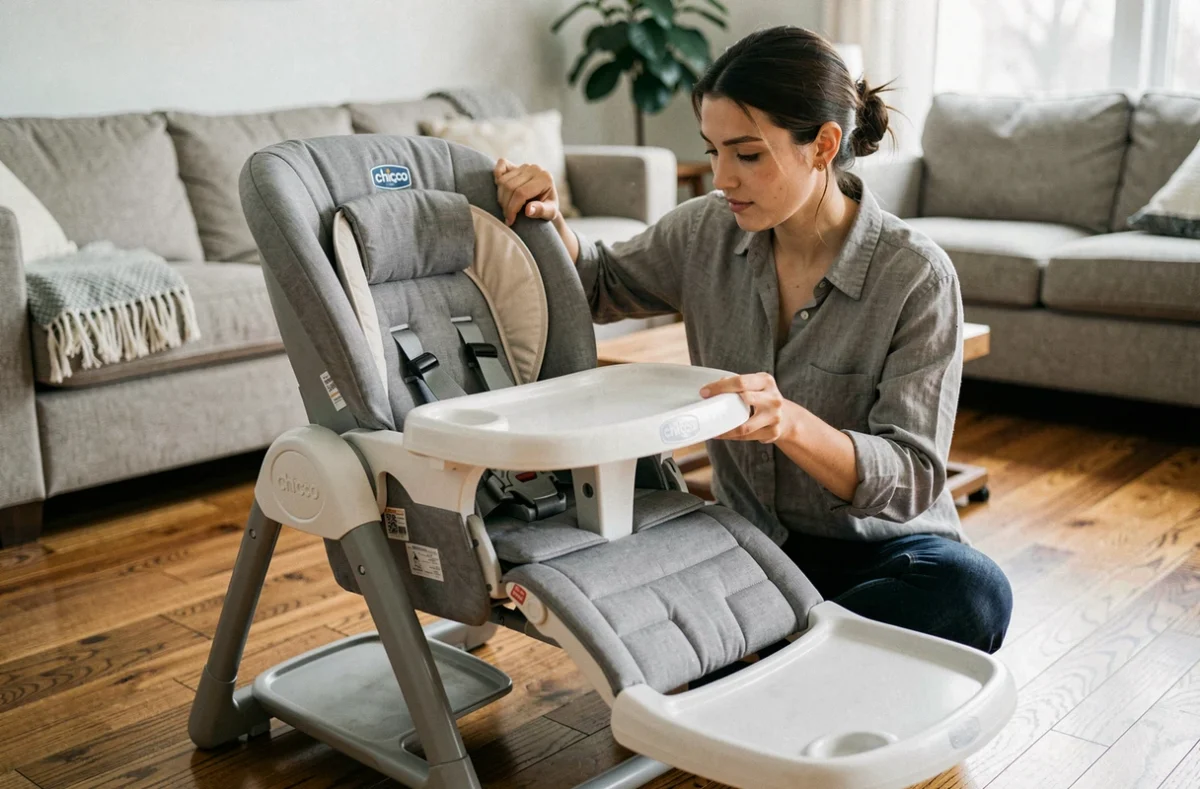Maman ajustant le dossier inclinable de la chaise haute Chicco Polly Magic 3 en 1 en position transat