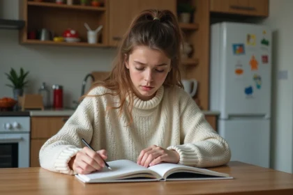 Maman curieuse lit un livre de santé pour enfants à la cuisine
