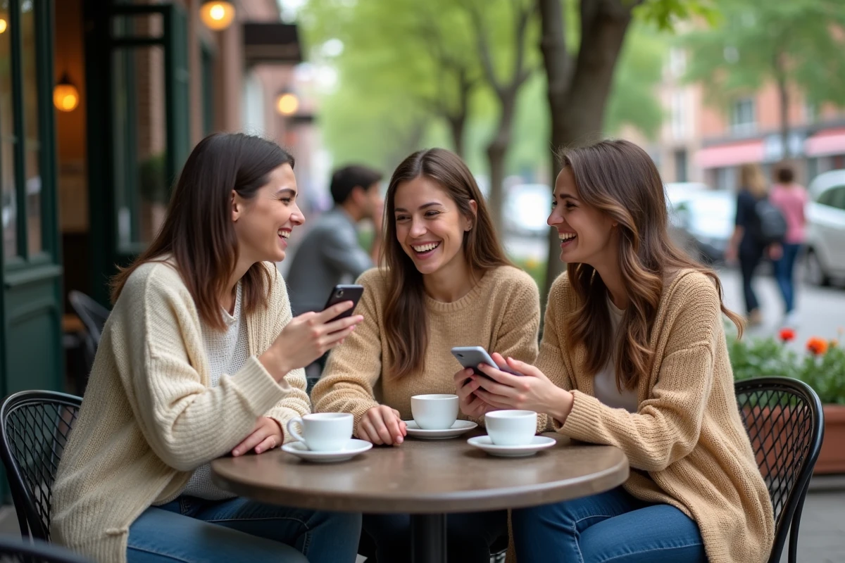 Trois femmes partageant un moment de complicité et de soutien autour d'un café en terrasse, illustrant l'entraide entre mamans actives