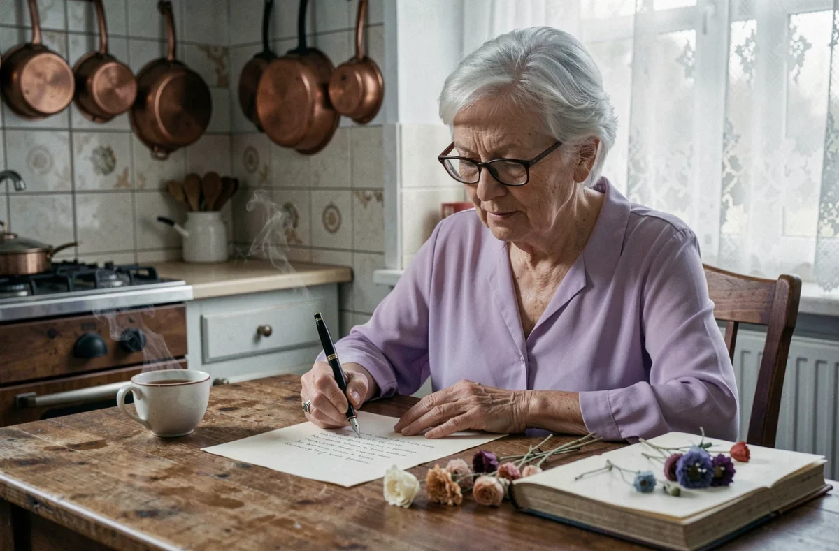 Mamie de cœur écrivant une poésie sur du papier crème à une table de cuisine vintage entourée de fleurs séchées