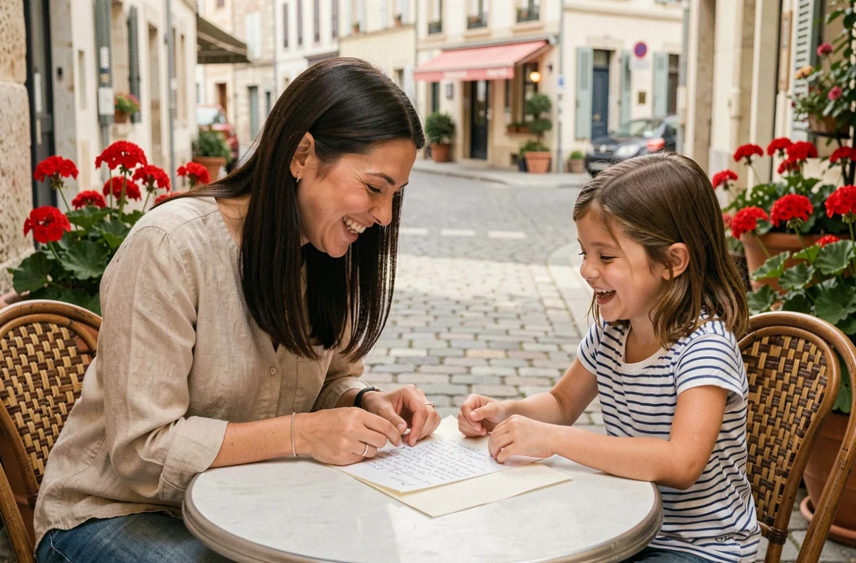 Une marraine et sa filleule partageant un moment complice en lisant ensemble une lettre émouvante en terrasse de café