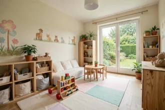 Intérieur chaleureux d'une micro-crèche dans les Pays de la Loire avec des jouets en bois, des tapis colorés et de grandes fenêtres donnant sur un jardin verdoyant