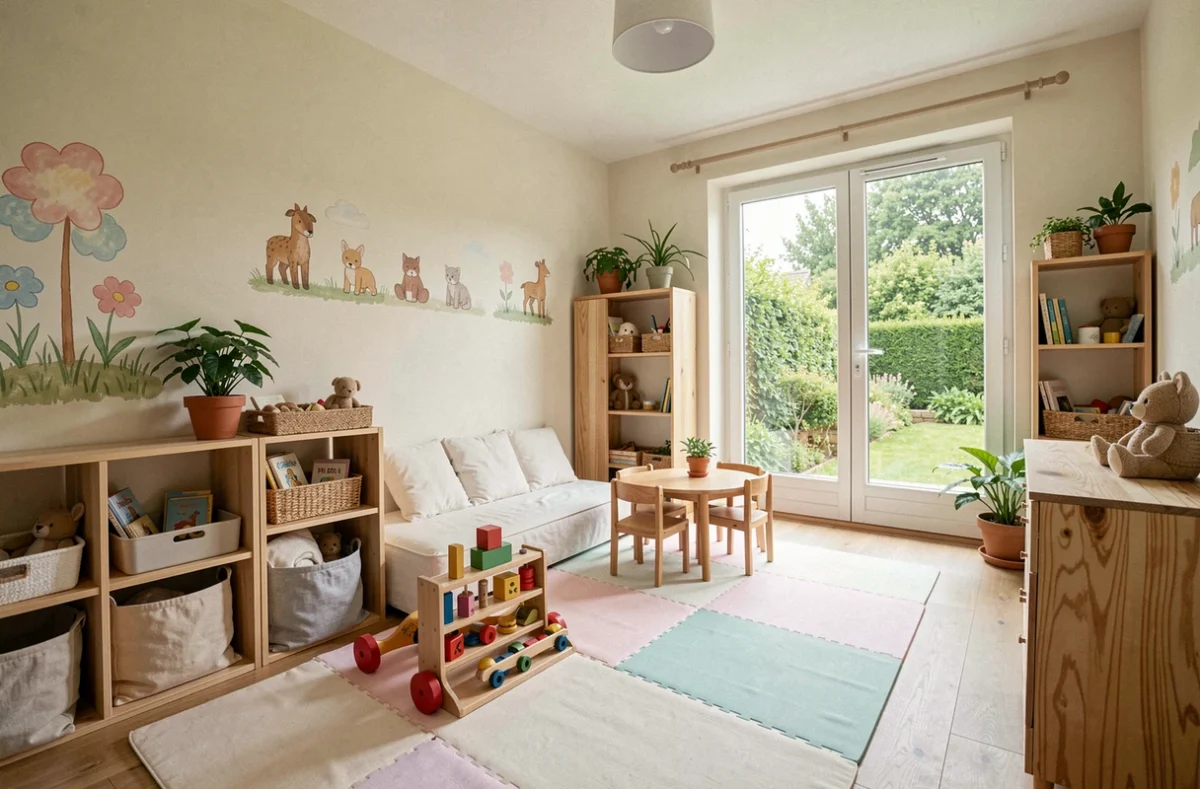 Intérieur chaleureux d'une micro-crèche dans les Pays de la Loire avec des jouets en bois, des tapis colorés et de grandes fenêtres donnant sur un jardin verdoyant