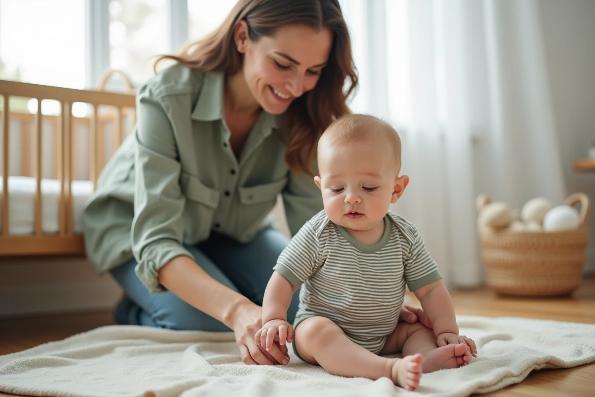 Mère aidant son bébé à s'asseoir sur une couverture douce dans une chambre de bébé au style scandinave