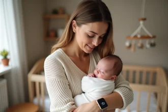 Jeune mère tenant son nouveau-né dans une chambre bébé cosy, consultant une montre connectée affichant des données de santé, cadeau de naissance personnalisé technologique