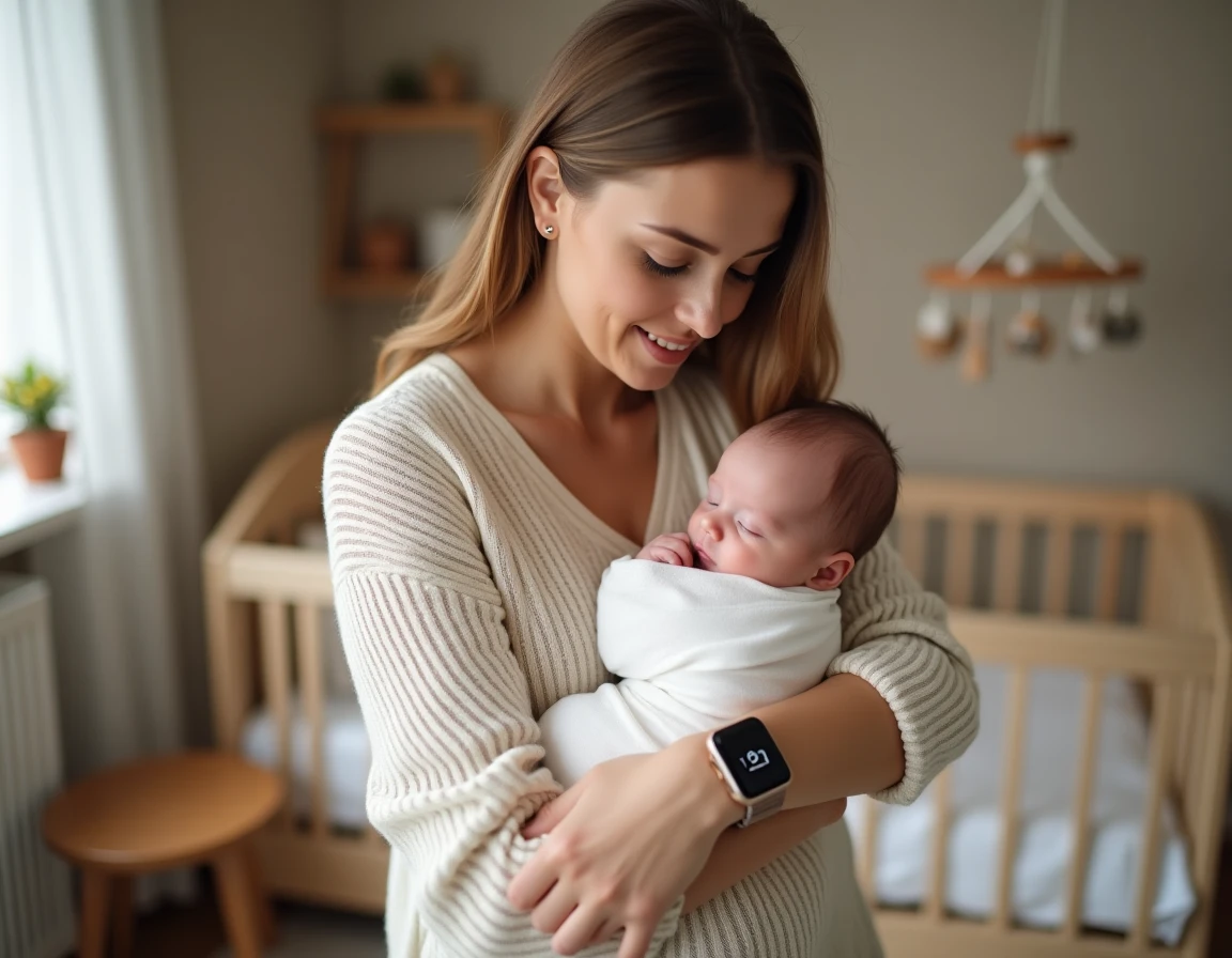 Jeune mère tenant son nouveau-né dans une chambre bébé cosy, consultant une montre connectée affichant des données de santé, cadeau de naissance personnalisé technologique