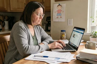Mère célibataire consultant les aides de la CAF sur son ordinateur portable à la table de cuisine entourée de documents administratifs