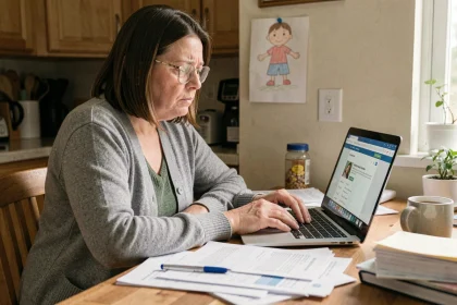Mère célibataire consultant les aides de la CAF sur son ordinateur portable à la table de cuisine entourée de documents administratifs
