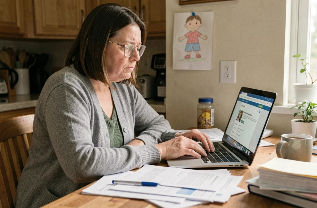 Mère célibataire consultant les aides de la CAF sur son ordinateur portable à la table de cuisine entourée de documents administratifs
