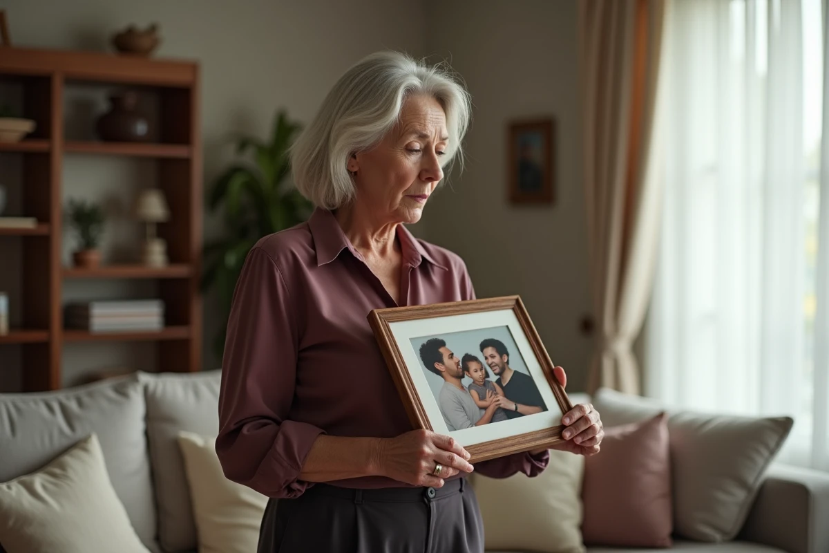 Femme âgée debout dans un salon tenant une photo de famille avec une expression nostalgique et mélancolique, évoquant la déception et l'amour maternel envers une fille adulte