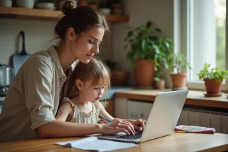 Mère travaillant sur son ordinateur portable à la table de cuisine pendant que sa fille dessine à ses côtés, équilibre vie pro et vie de famille