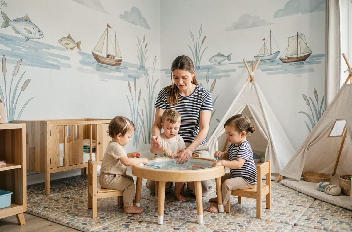 Intérieur de la micro-crèche Bibop et Loola à Thouaré-sur-Loire avec des enfants jouant à l'eau autour d'une table basse sous la supervision d'une éducatrice