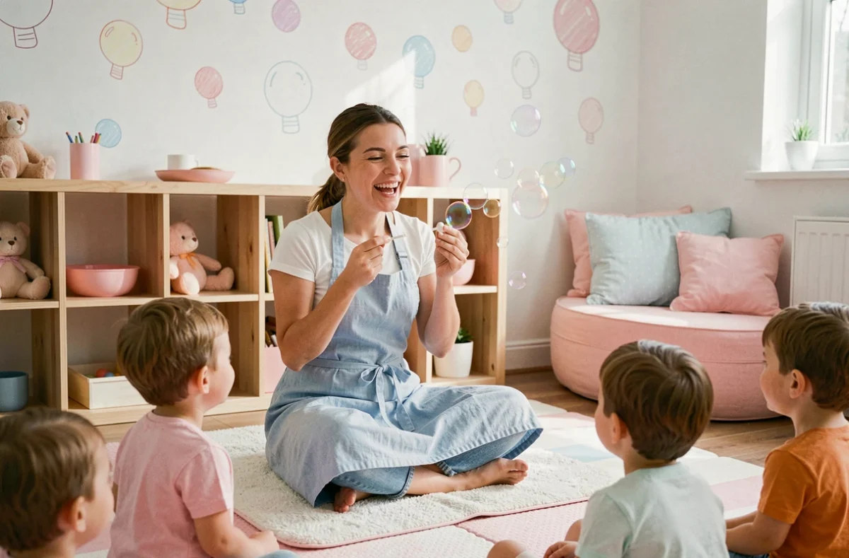 Une éducatrice souriante faisant des bulles de savon avec des tout-petits dans la salle de jeux colorée de la micro-crèche Bulle de Bonheur à Héric