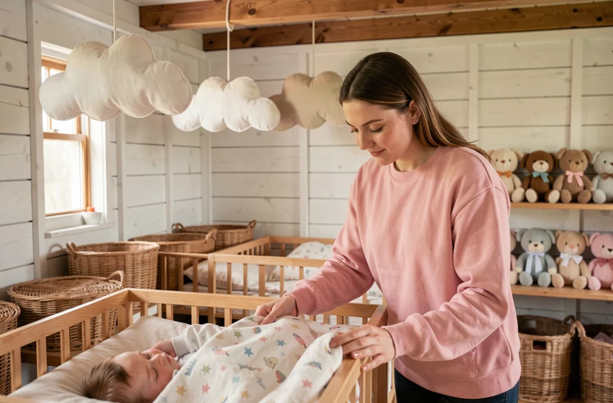 Espace doux et apaisant de la micro-crèche Câlins Doudou à Geneston avec une éducatrice bordant un bébé endormi dans une ambiance cocooning