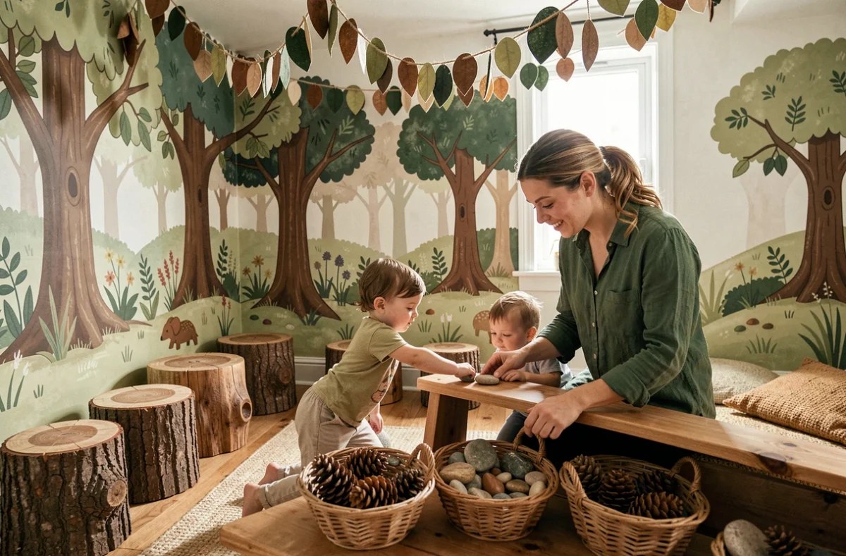 Salle à thème forêt de la micro-crèche Les Jeunes Pousses Little Forest à Ancenis avec des décorations en bois et des enfants explorant des paniers nature
