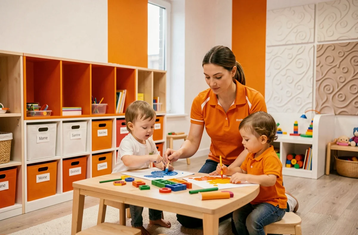 Enfants faisant des activités créatives dans la salle colorée aux accents oranges de la micro-crèche Les Jeunes Pousses à Changé