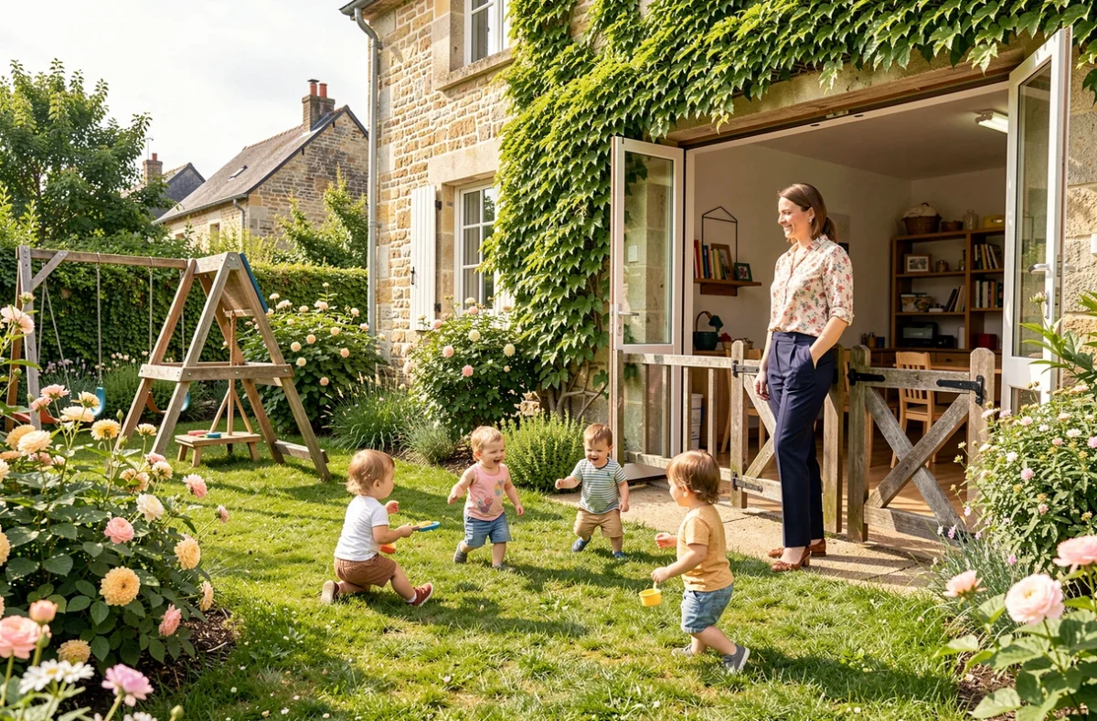 Enfants jouant dans le jardin verdoyant de la micro-crèche Léa et Léo à Haute-Goulaine avec une éducatrice veillant sur eux près d'un portail en bois