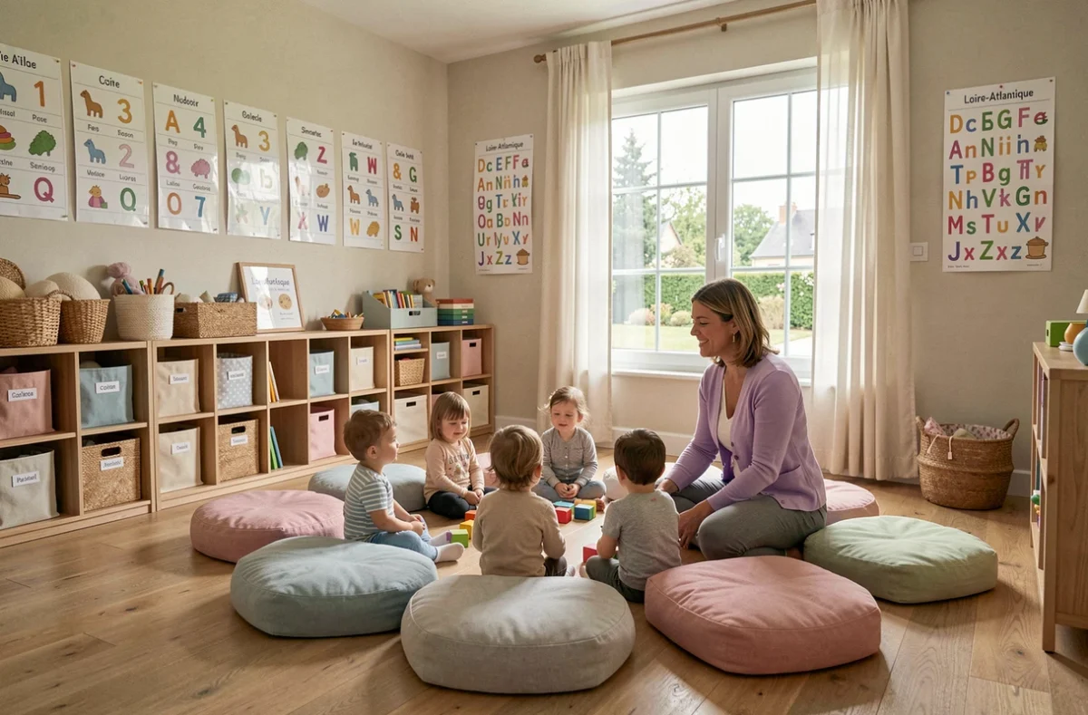 Salle d'activités organisée de la micro-crèche Léa et Léo à Treillières avec une éducatrice animant un moment en cercle avec les tout-petits