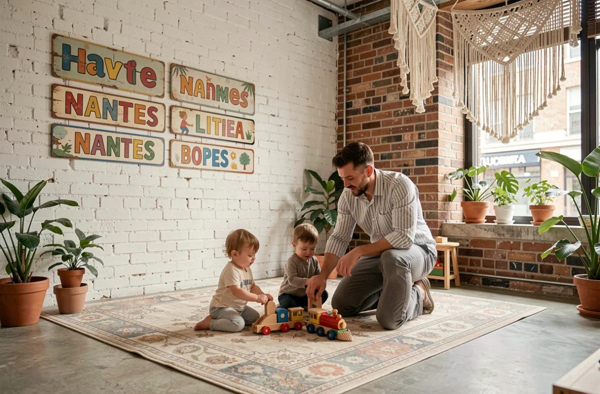 Intérieur urbain et chaleureux de la micro-crèche Tom et Josette à Nantes avec un éducateur accompagnant un enfant jouant avec un train en bois