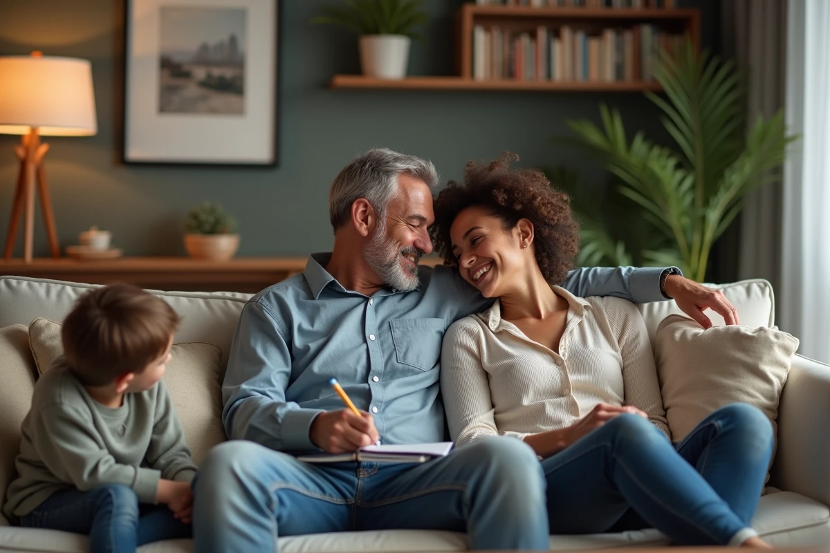 Couple souriant dans un salon chaleureux avec un enfant