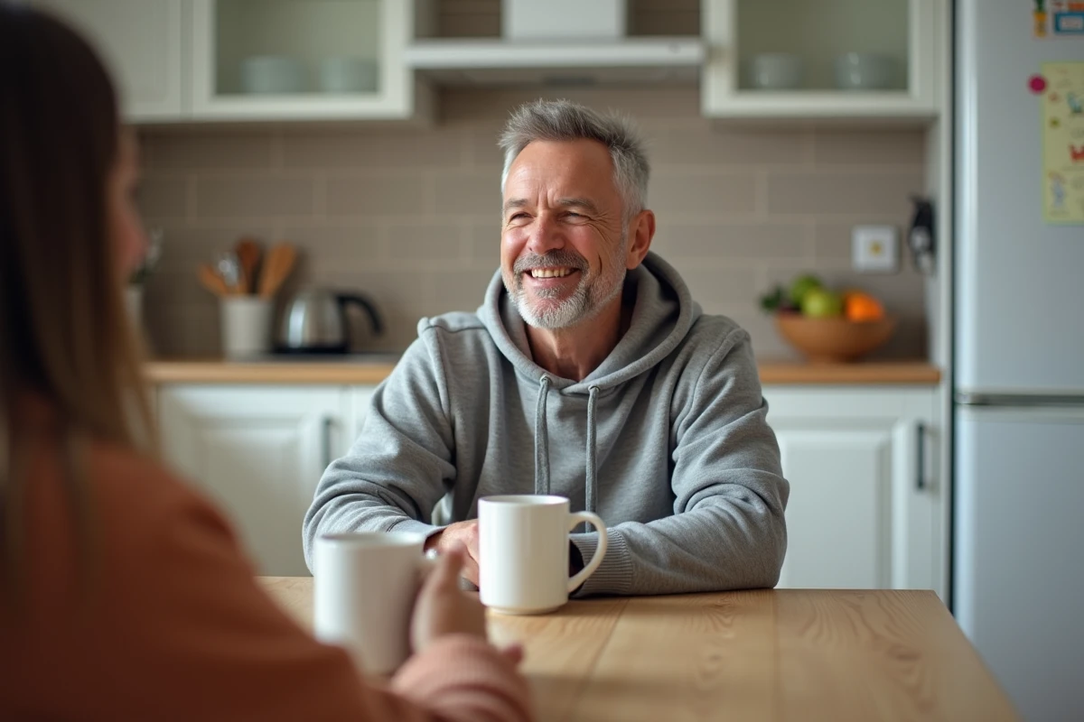 Homme souriant autour d'un café en famille dans une cuisine moderne, instant de vie privée et de complicité familiale