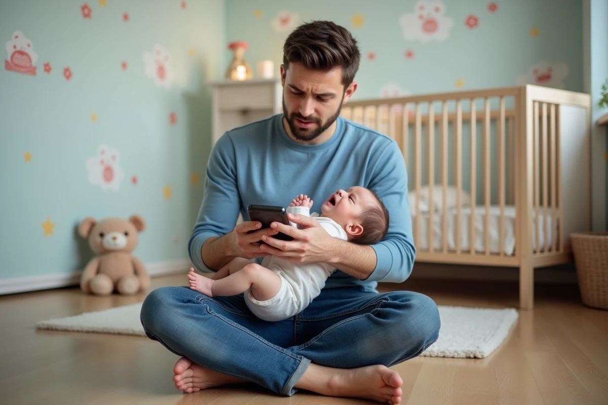 Papa ber&ccedil;ant doucement son b&eacute;b&eacute; dans une nurserie paisible