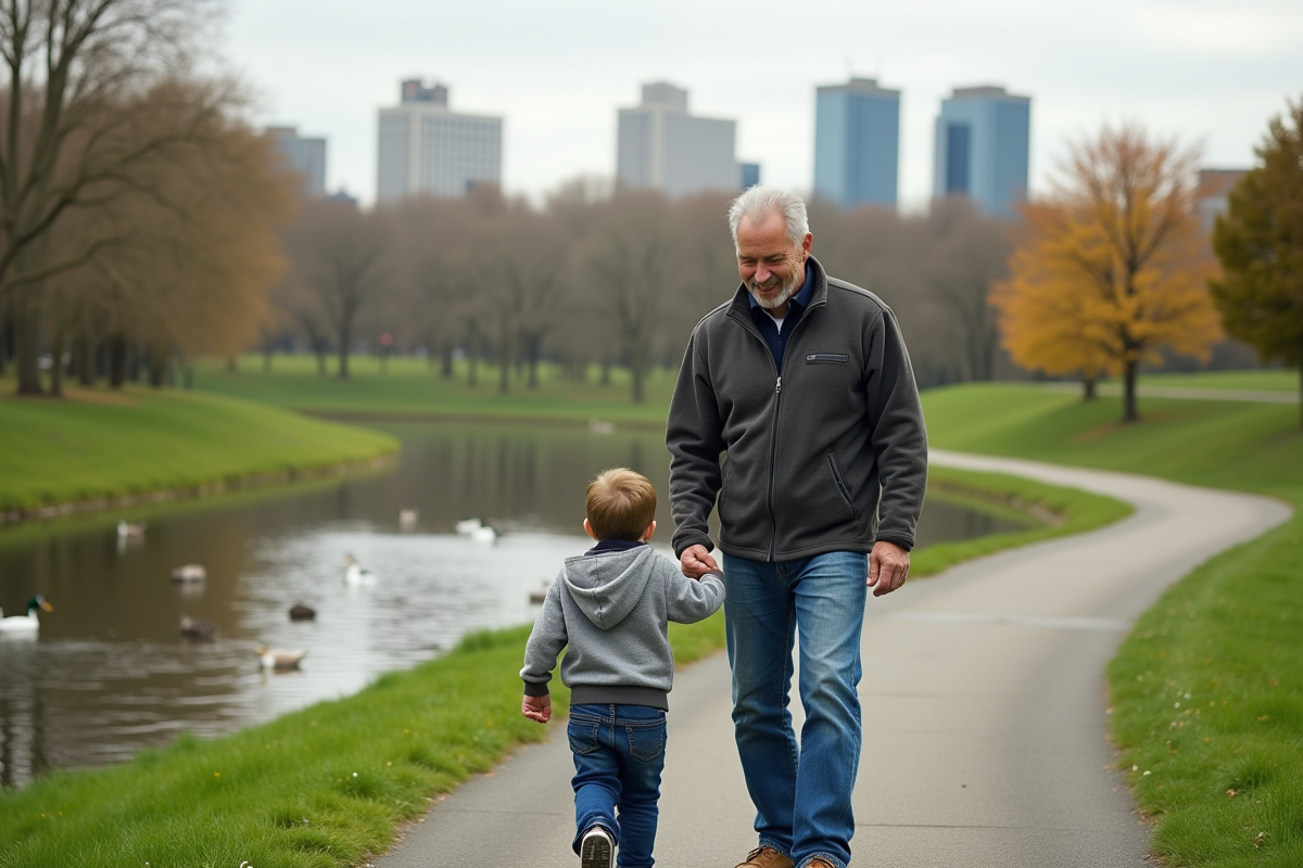 Père tenant la main de son fils dans un parc urbain