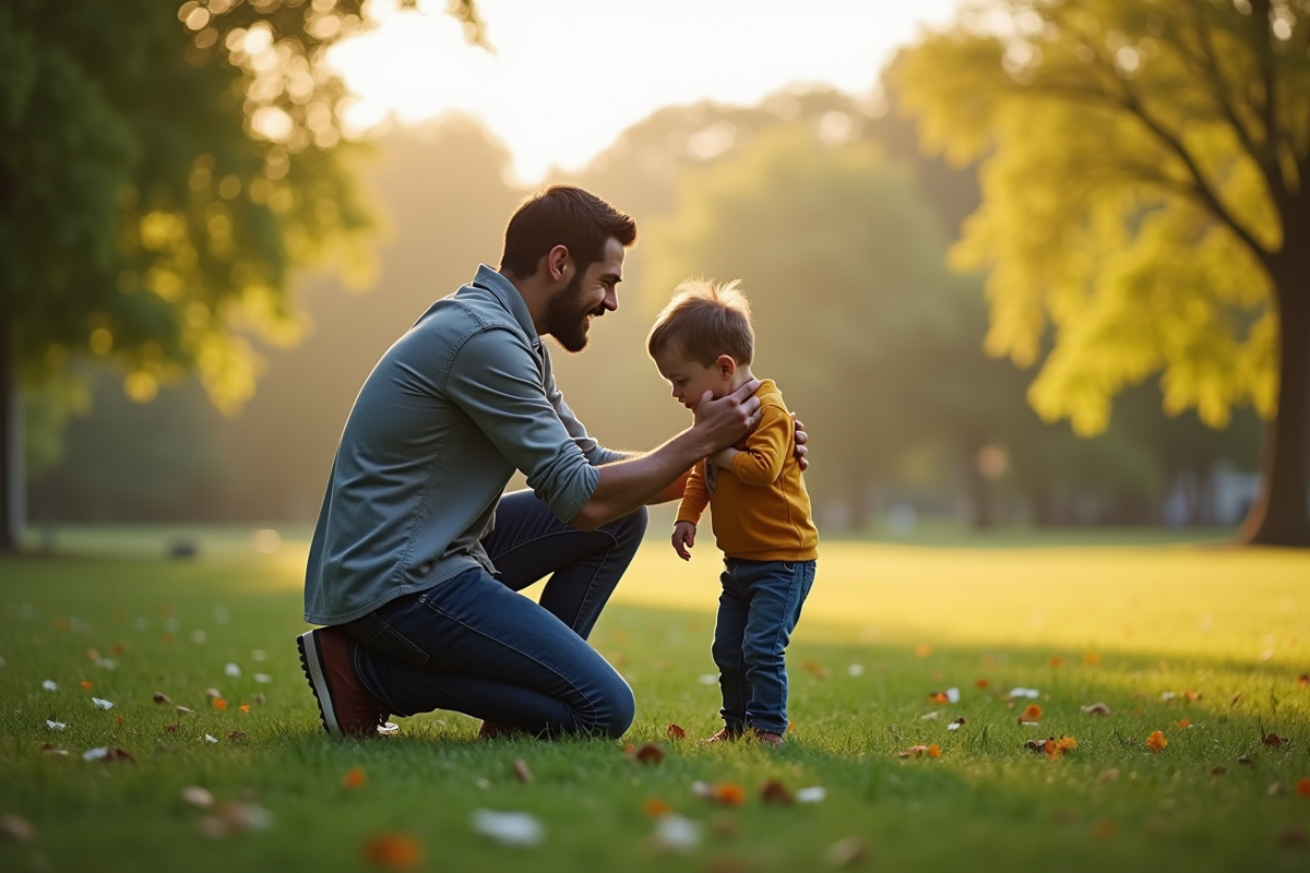Père et fils au parc en moment de réconfort