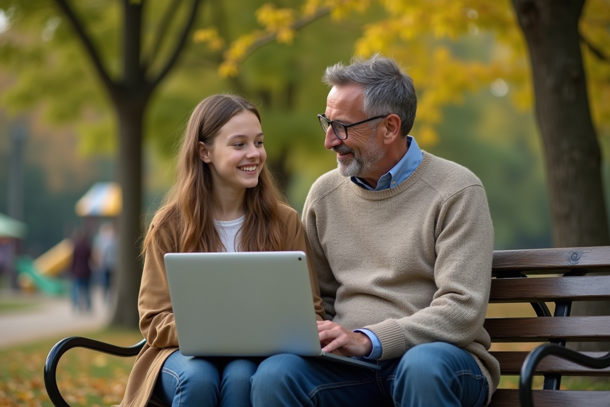 Père et fille utilisant un ordinateur dans un parc