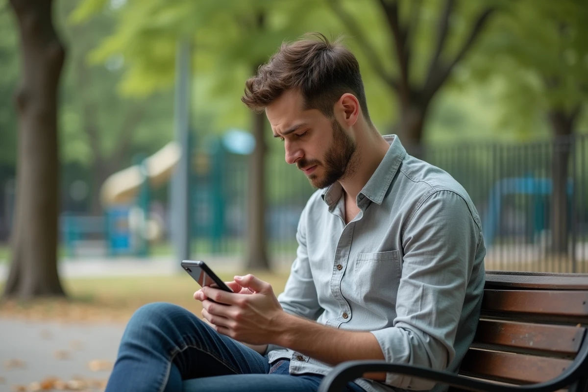 P&egrave;re utilisant son smartphone dans un parc urbain