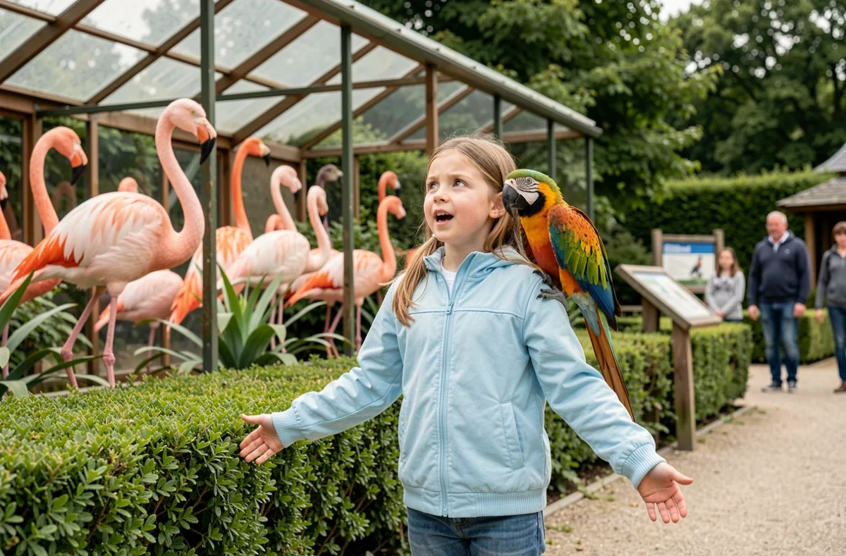 Jeune fille émerveillée devant les oiseaux exotiques au Parc des Oiseaux de Villars-les-Dombes dans l'Ain