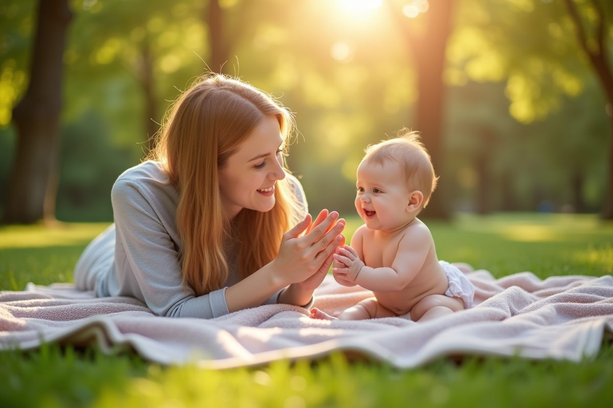 Parent et bébé jouant dehors dans un parc ensoleillé