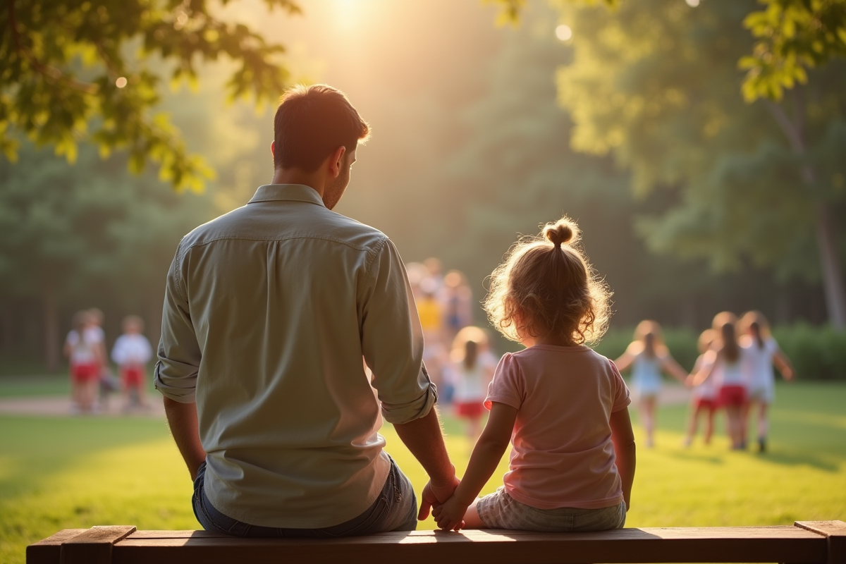 Parent et enfant assis sur un banc près de la cour de récréation