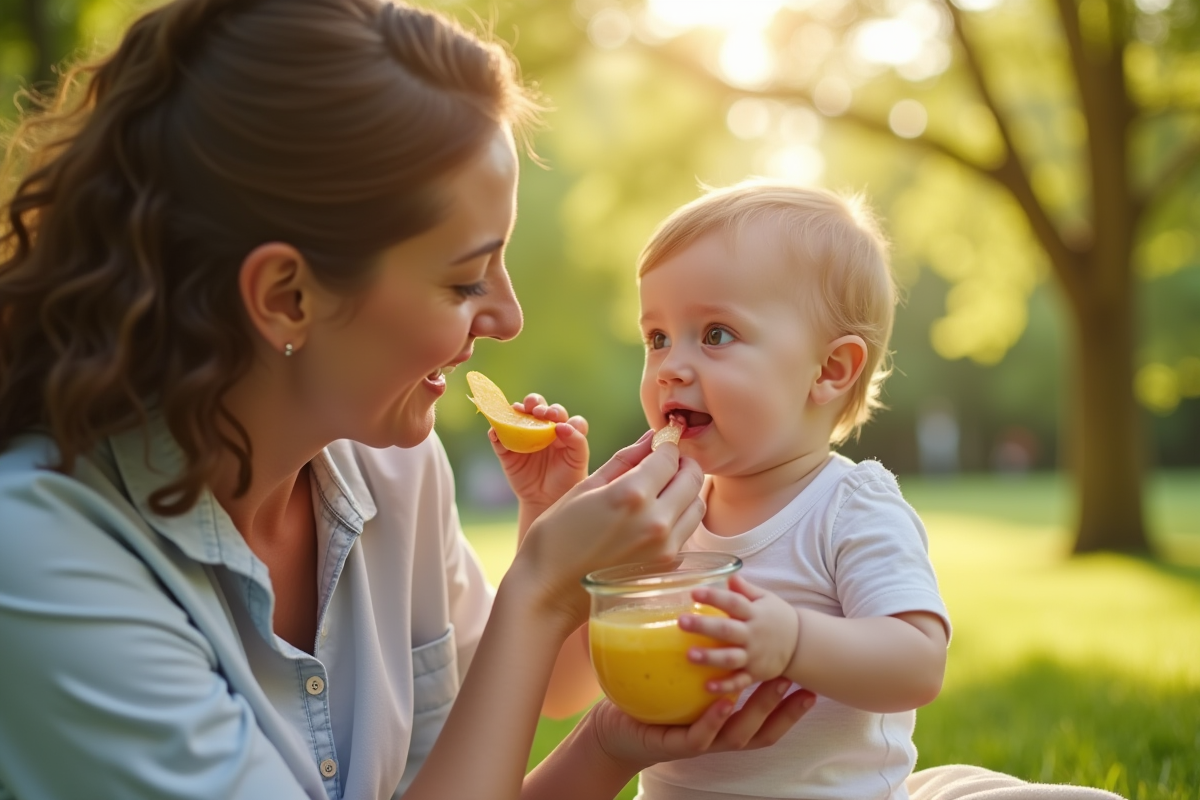 Parent donnant des fruits écrasés à son enfant dans un parc ensoleille