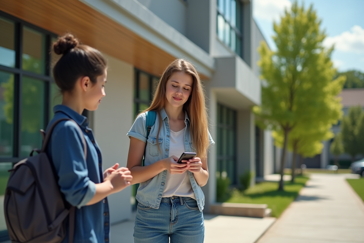 Parent stressé devant une école moderne en plein air