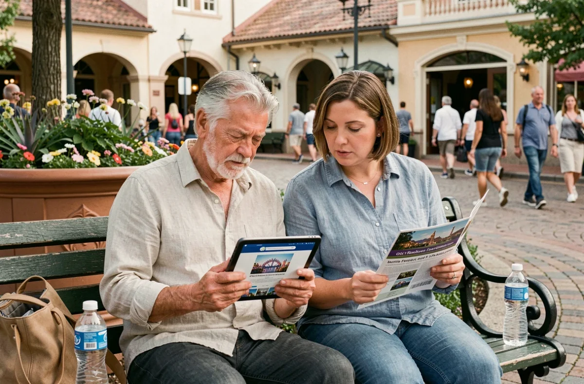 Parents consultant un guide et une tablette pour choisir un parc d'attractions adapté à leurs enfants
