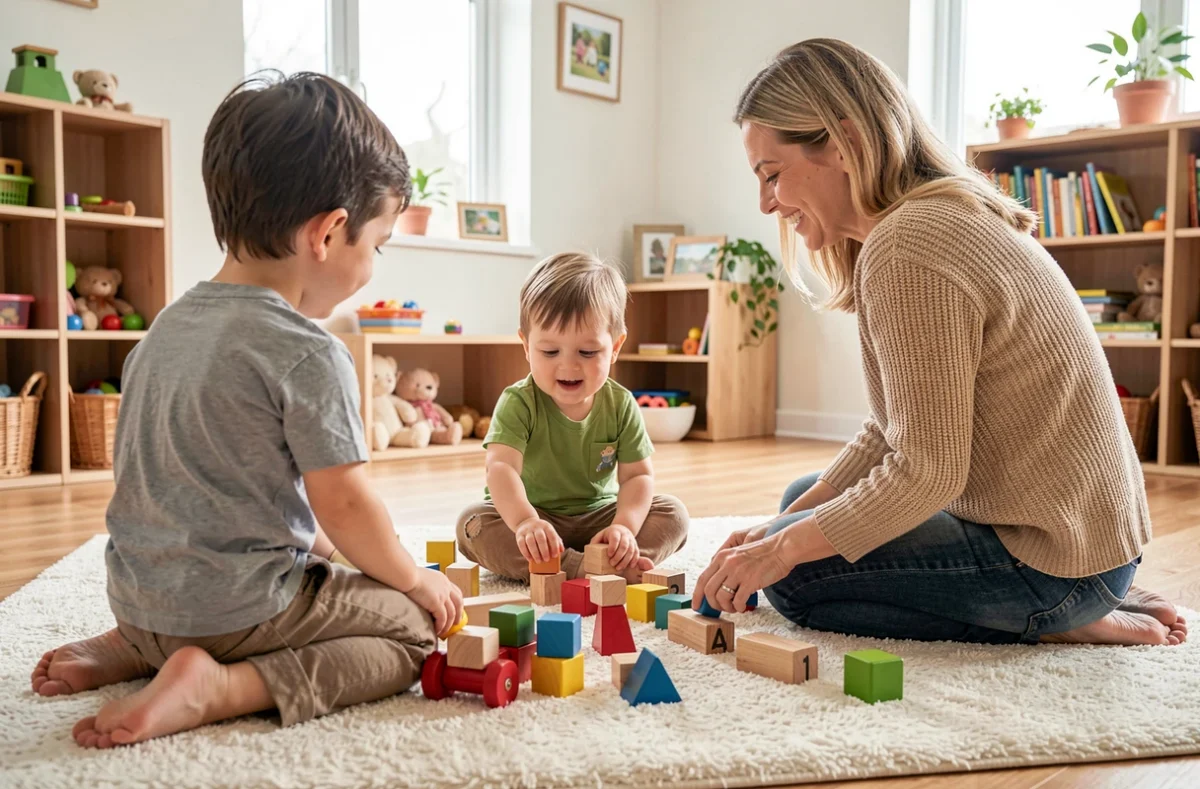 Parents et jeunes enfants jouant ensemble pendant un atelier