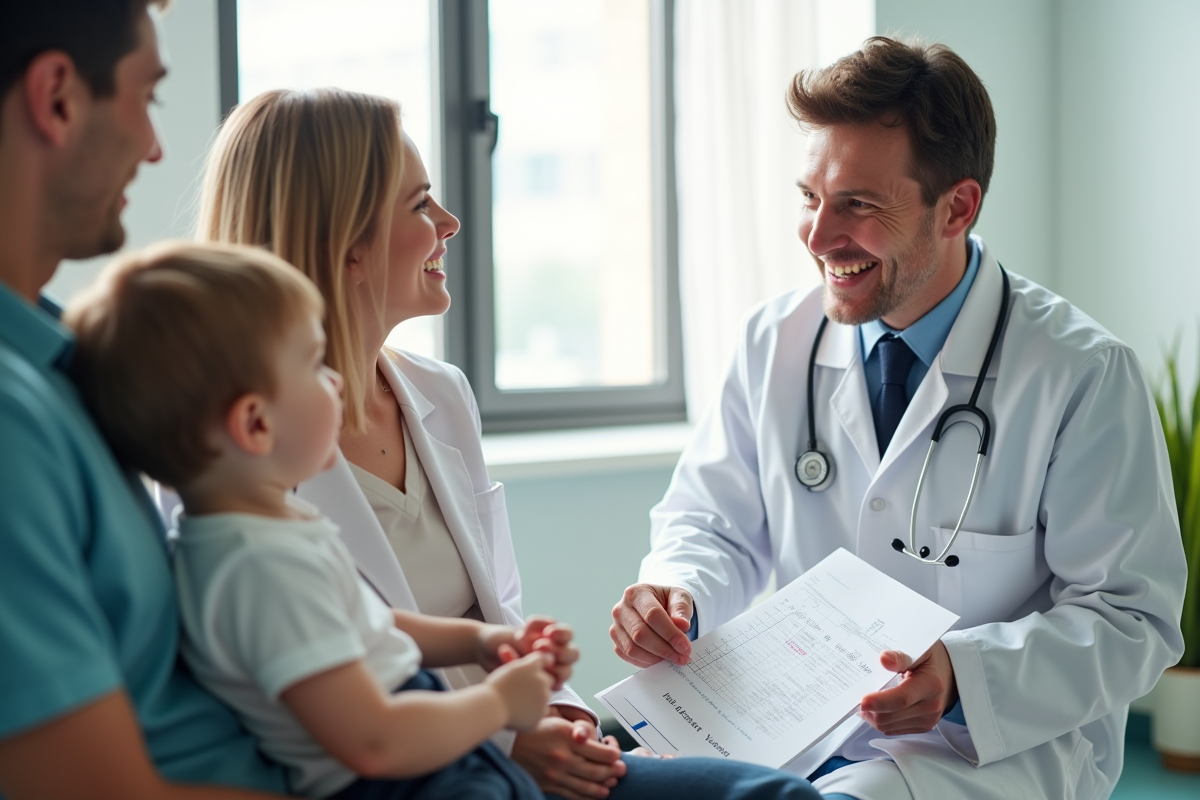 Pédiatre souriant parlant aux parents avec bébé