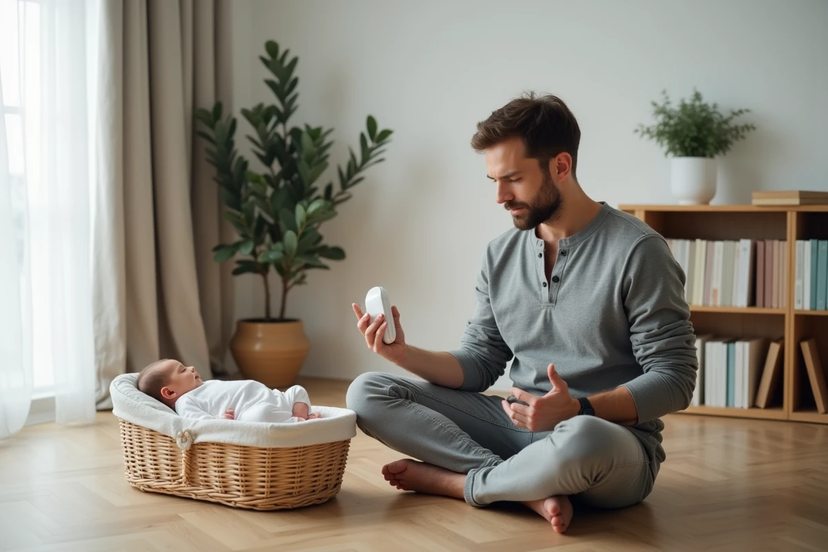 Père assis sur un parquet en bois tenant un capteur connecté pour bébé près d'un berceau en osier, accessoire high-tech pour surveiller les premiers instants de bébé