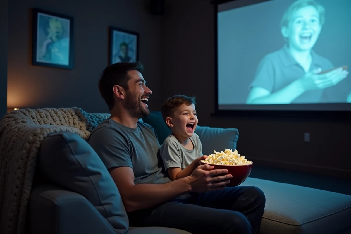 Père et fils riant ensemble devant un film d'animation dans une salle de cinéma maison