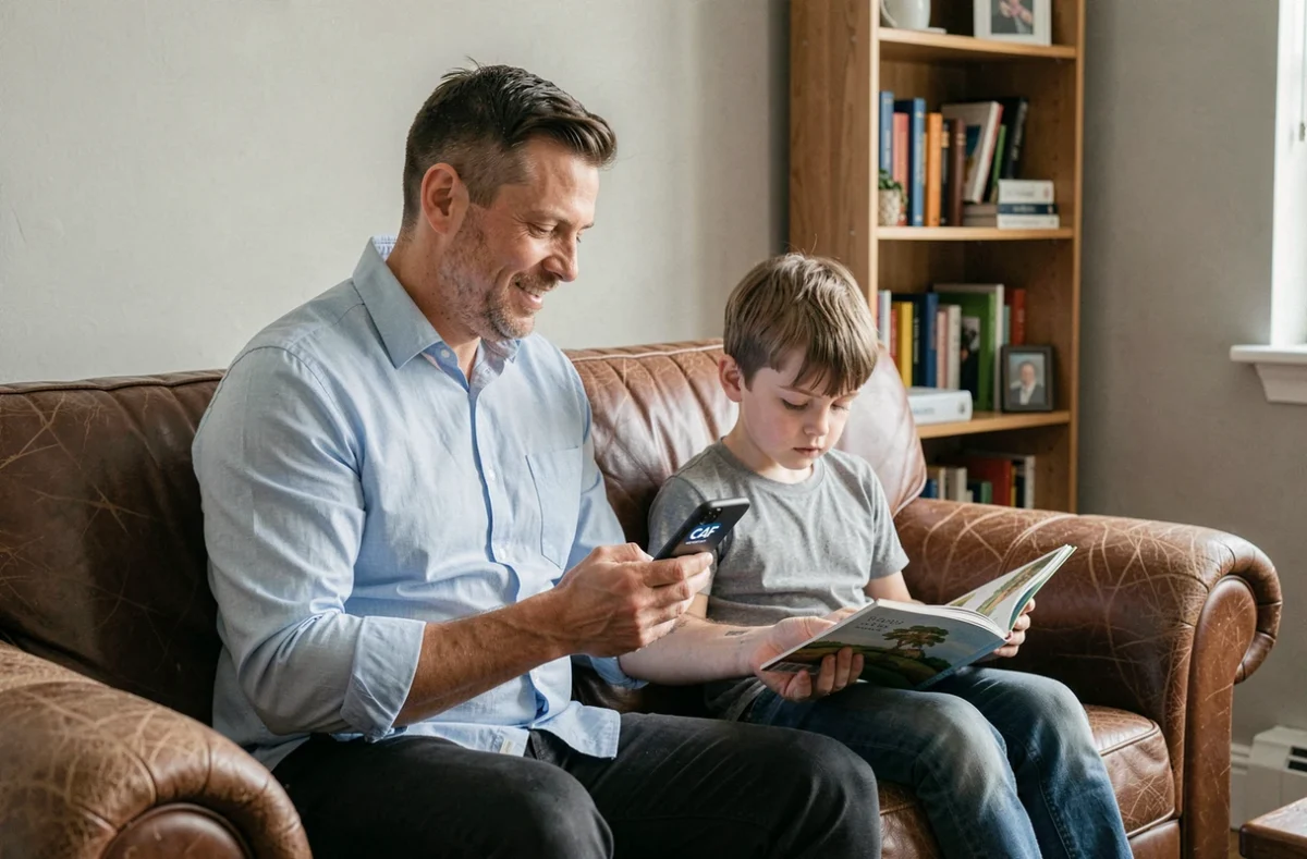 Père isolé consultant l'application mobile de la CAF sur son téléphone assis à côté de son fils dans le salon de leur appartement