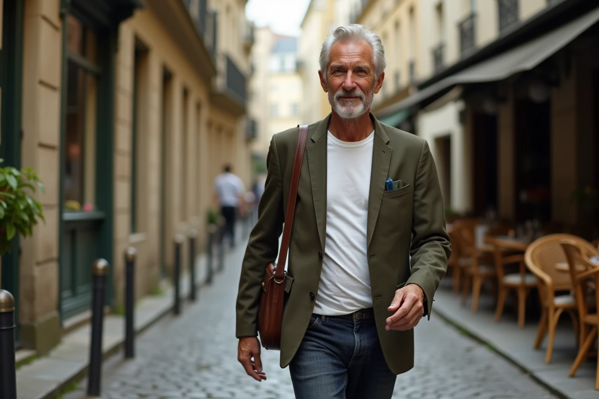 Homme en blazer olive marchant sur les pavés du quartier Saint-Germain-des-Prés à Paris, silhouette décontractée et assurée entre vie publique et moments personnels