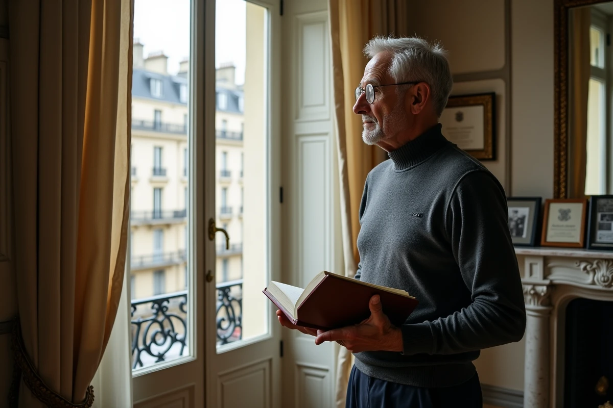 Homme mature aux cheveux gris debout près d'une fenêtre parisienne haussmannienne, tenant un livre et regardant la ville, intérieur élégant révélant une vie entre sphère publique et intimité
