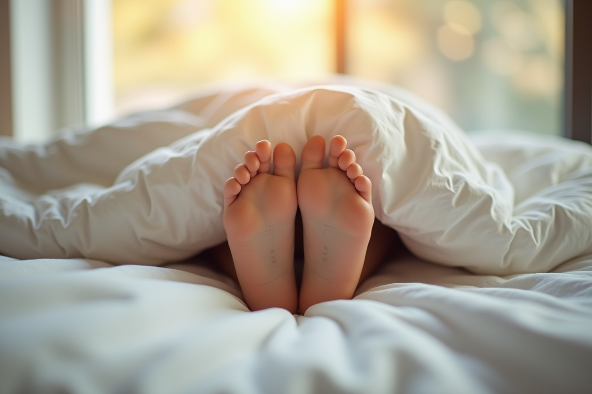 Deux paires de pieds entrelacees sous une couette blanche au matin