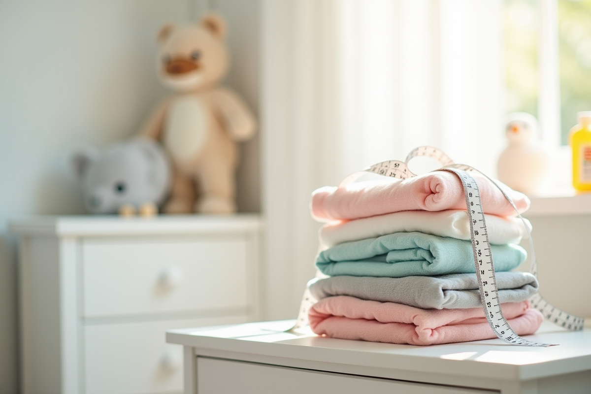 Pile de vêtements bébé avec ruban mesure dans une chambre pastel