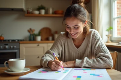 Femme planifiant ses vacances scolaires 2026 sur un calendrier papier dans une cuisine chaleureuse