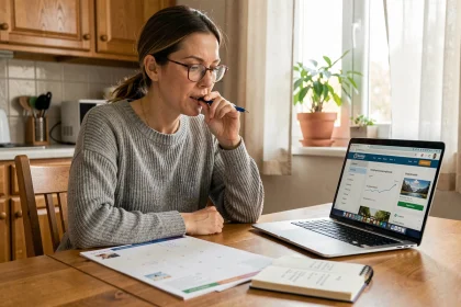 Mère de famille planifiant les vacances scolaires 2026-2027 avec un calendrier papier et un ordinateur portable pour optimiser le budget familial